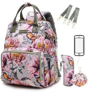 Floral Diaper Bag Backpack with Coin Bag USB Charging Port Stroller Straps